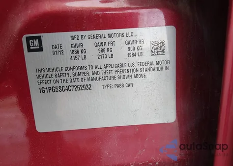 2012 Chevrolet Cruze 2Lt z USA, uszkodzony, nr VIN 1G1PG5SC4C7262932